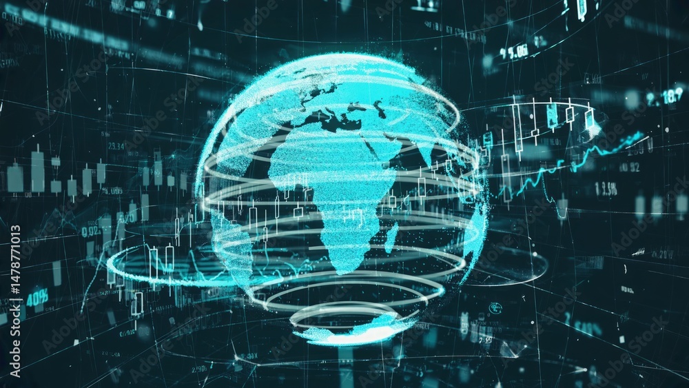 Poster glowing globe amidst data streams, representing global connectivity and information flow
