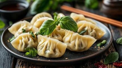 Steamed dumplings on a dark plate, garnished with fresh herbs