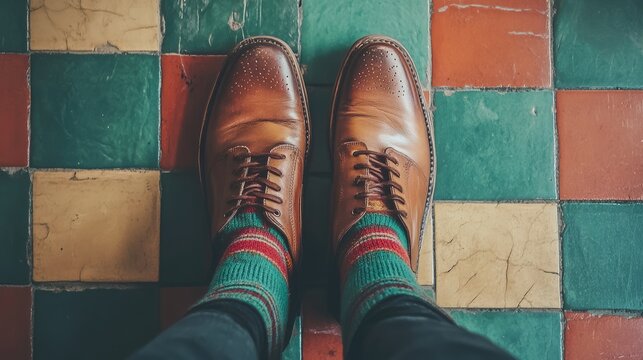 Old leather shoes and classic wool socks on a checkered vintage floor