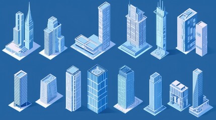 Obraz premium Collection of stylized city skyscrapers in isometric view.