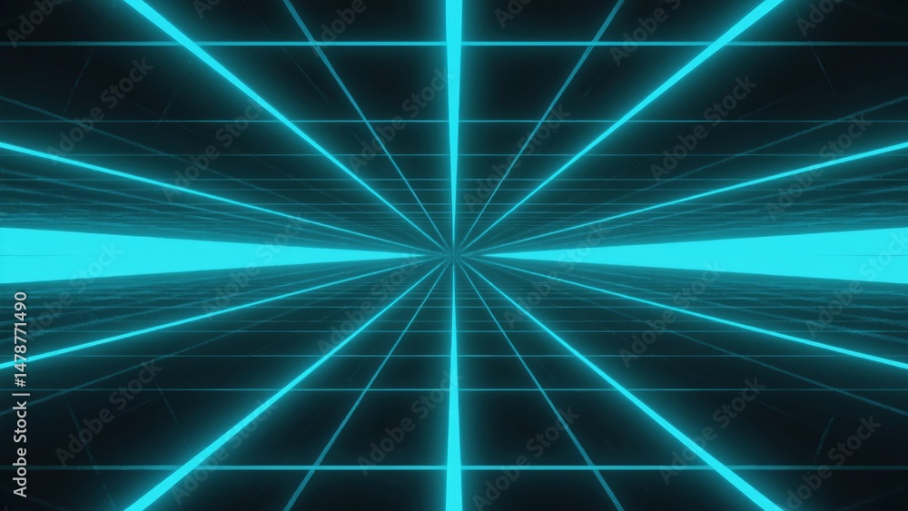 Poster glowing turquoise grid receding into the distance, creating a perspective effect