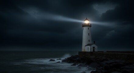 Obraz premium Storm's Fury, Lighthouse's Hope: A Nighttime Seascape