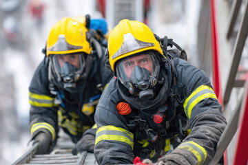 Firefighters in a rescue operation - accident on the roof