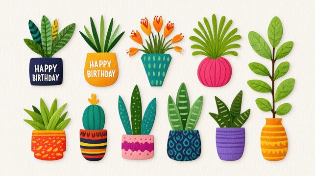 Fun and vibrant birthday stickers with "Happy Birthday" text in bold colors, playful shapes, and unique patterns, perfect for party decor or card embellishments.