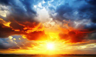 Dramatic sunset with vibrant, fiery cloudscape over a tranquil landscape.  Perfect for backgrounds, travel, and nature themes.