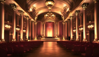 Obraz premium Grand hall with ornate columns and rich furnishings.