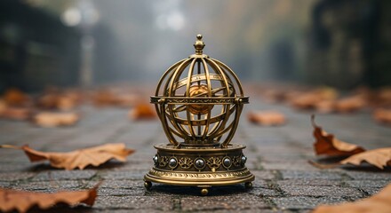Antique golden armillary sphere stands on a brick path amidst autumn leaves creating a vintage and mysterious outdoor atmosphere
