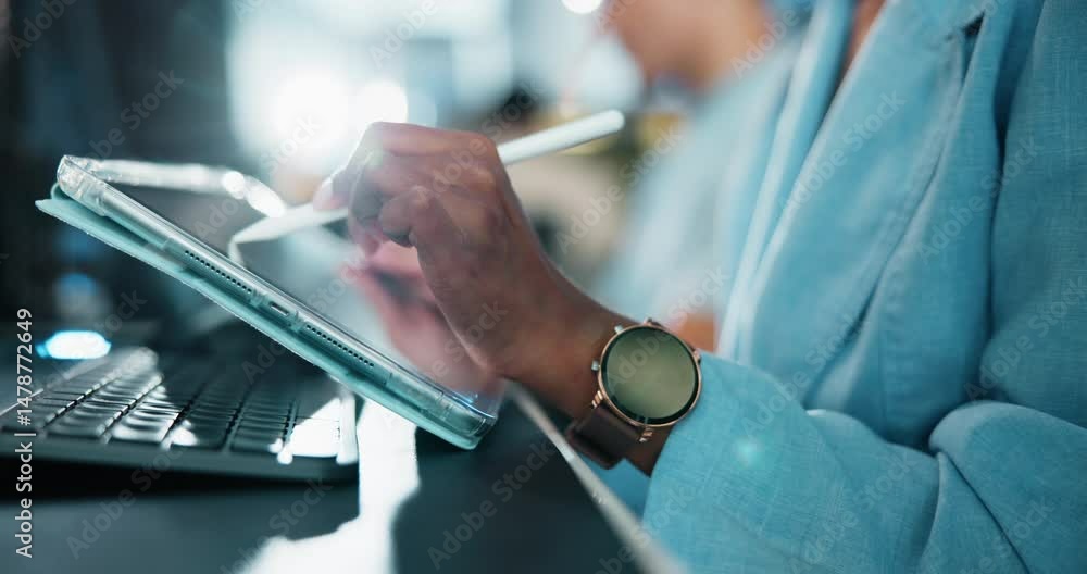 Fototapete Tablet, hand and coding with person and stylus for gaming developer, programmer update and design software. Research, backend script and creative project with closeup of employee in agency for plan