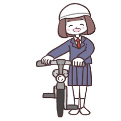 ニッコリ自転車に並ぶ女子学生イラスト