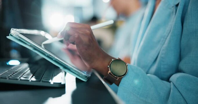 Tablet, hand and coding with person and stylus for gaming developer, programmer update and design software. Research, backend script and creative project with closeup of employee in agency for plan