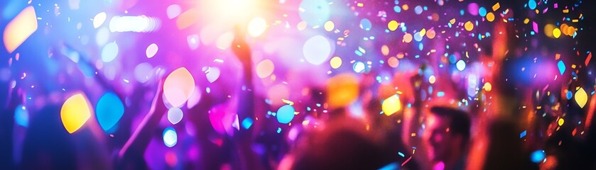 Vibrant party scene with people dancing under colorful lights and confetti midmotion shot capturing the energy and celebration in a lively atmosphere