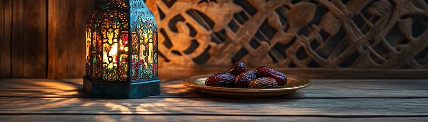 Warmly lit ornate lantern casting colorful patterns on a rustic wooden surface with a plate of dates soft light creating a peaceful and inviting ambiance