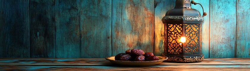 Warmly lit ornate lantern casting colorful patterns on a rustic wooden surface with a plate of dates soft light creating a peaceful and inviting ambiance