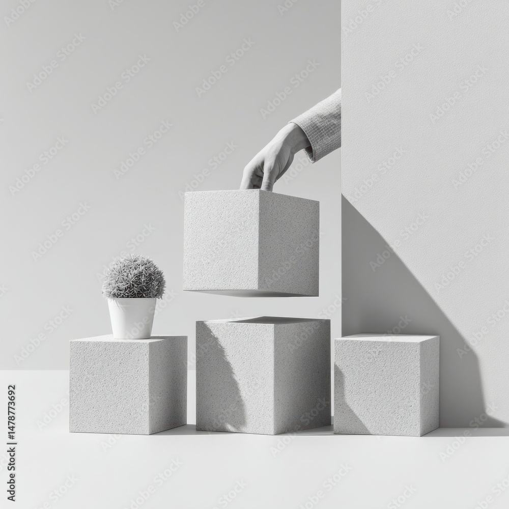 Poster minimalist corporate transformation geometric workspace redesign visualizing strategic restructuring