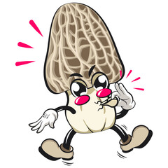 Cute Morchella mushroom vektor illustration mascot character blowing the whistle, work of hand drawn