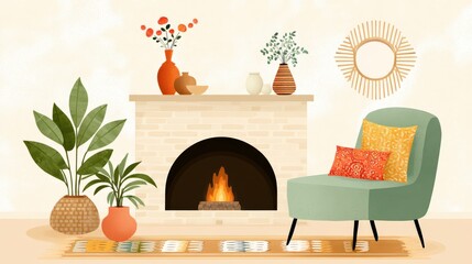 Interior of a vintage-style home with a lit fireplace, cozy rugs, and muted tones, isolated for clean presentation.
