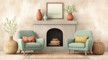 Inviting fireplace scene with vintage armchairs, cozy textiles, and soft lighting