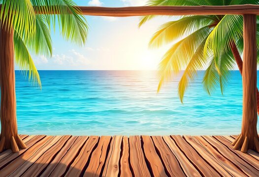 Wooden beach backdrop with blue ocean vector illustration, summer vacation theme, water,  holiday