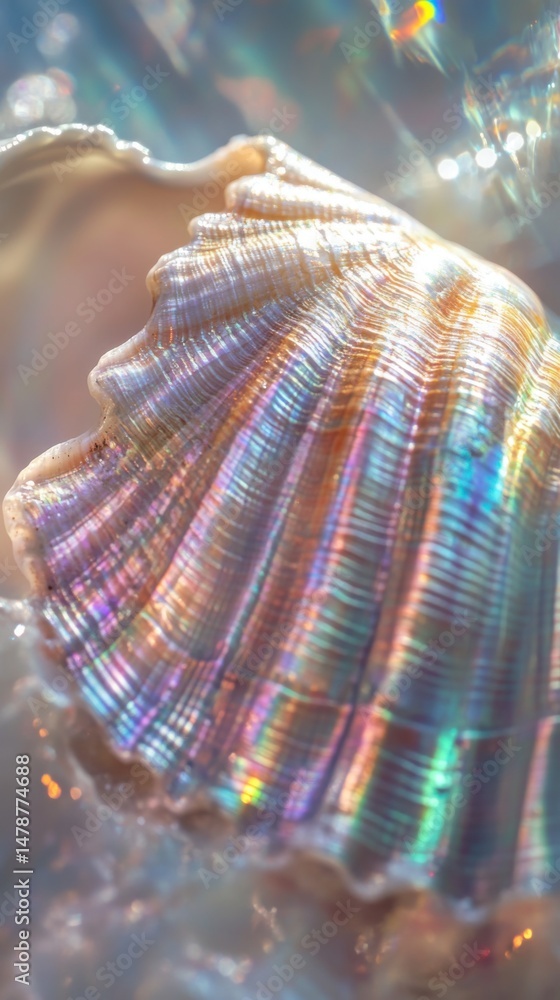 Poster iridescent seashell close up with rainbow light reflecting on its surface in a macro shot with bokeh