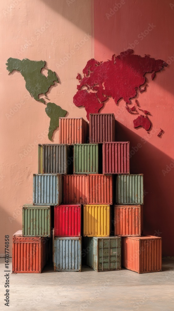 Poster Geospatial Logistics Reimagined Vibrant Shipping Container Visualization Mapping Global Trade Networks with Minimalist Design and Strategic Connectivity