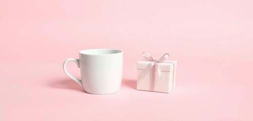 White coffee cup and gift box on pastel pink blue gradient background, branding, texture