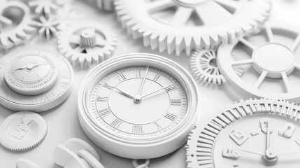 Monochromatic Abstract Composition Featuring Clocks and Gears on White Background