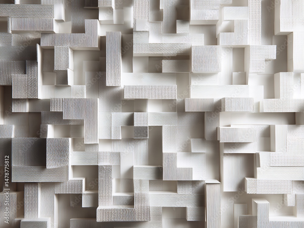 Poster intricate geometric composition of white blocks creating a dynamic textured wall