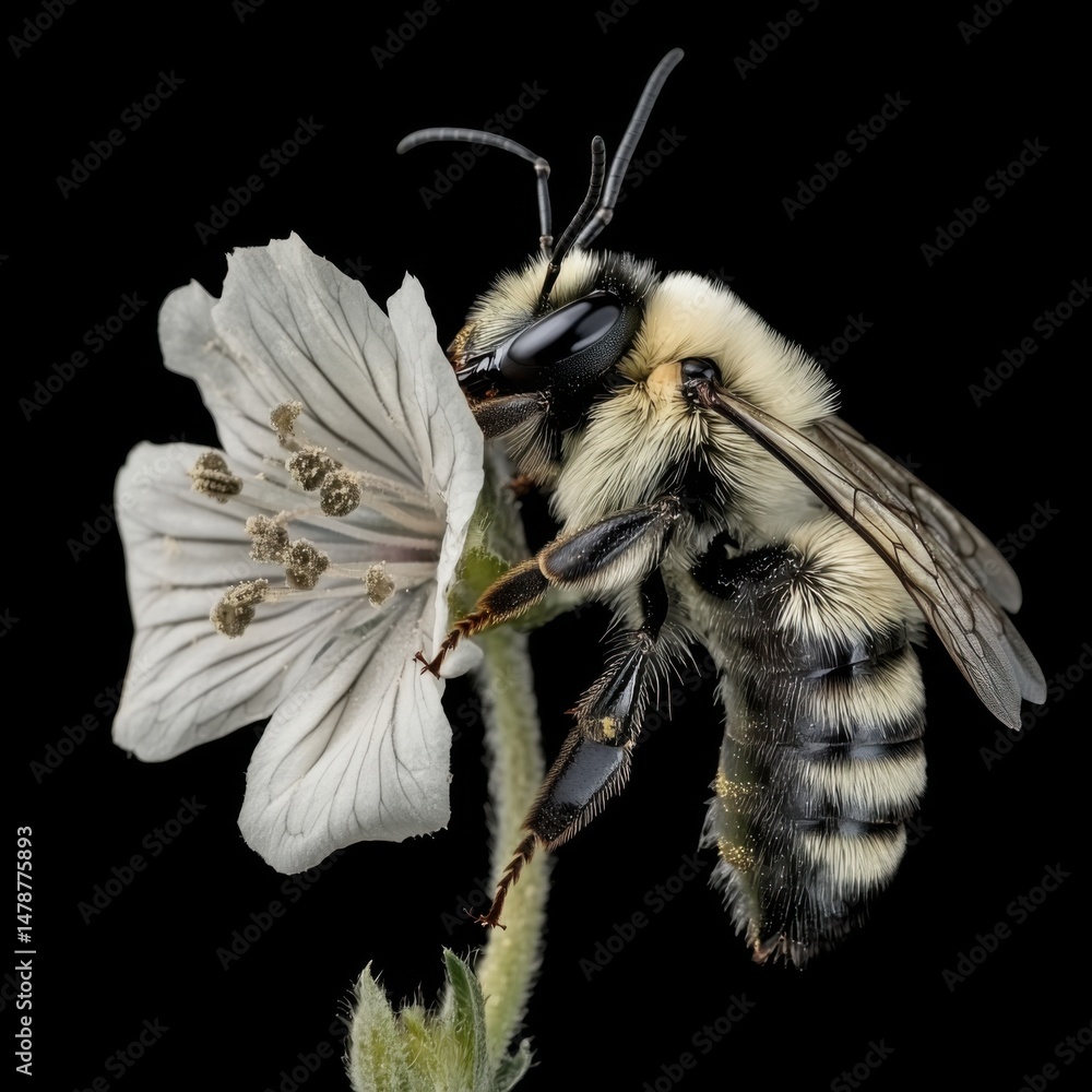 Poster close-up of a fuzzy bee collecting pollen from a white flower on a black background macro shot
