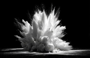 Abstract explosion of light gray powder against a dark background.
