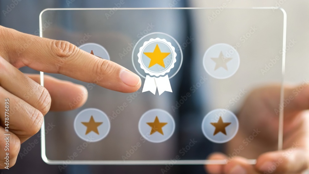 Poster a hand points at a transparent interface displaying a star rating system, emphasizing feedback or ev