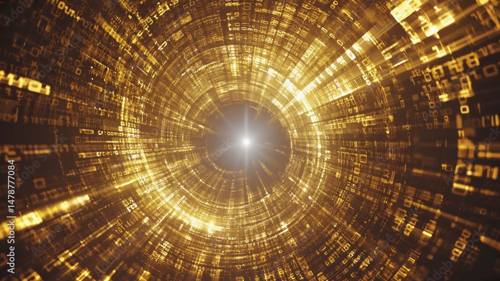 Poster golden tunnel effect with abstract digital code spiraling toward a central bright light