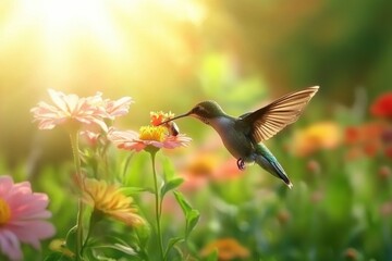 Fototapeta premium Hummingbird Feeding on Pink Flowers Sunny Garden Nature Wildlife Beautiful Bird Spring Tiny Sweet 