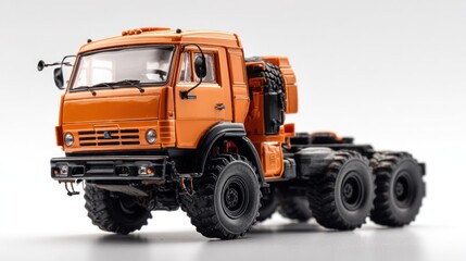 Fototapeta premium Orange heavy-duty truck model, featuring large tires and cab, studio shot