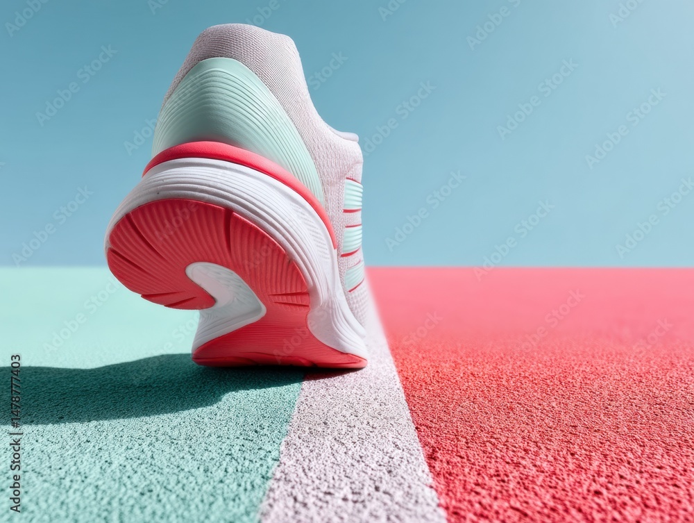 Poster urban performance tech minimalist athletic shoe capturing dynamic movement across color-blocked urba