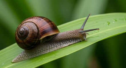 Snail Gliding on a Dew-Kissed Leaf in a Lush Garden