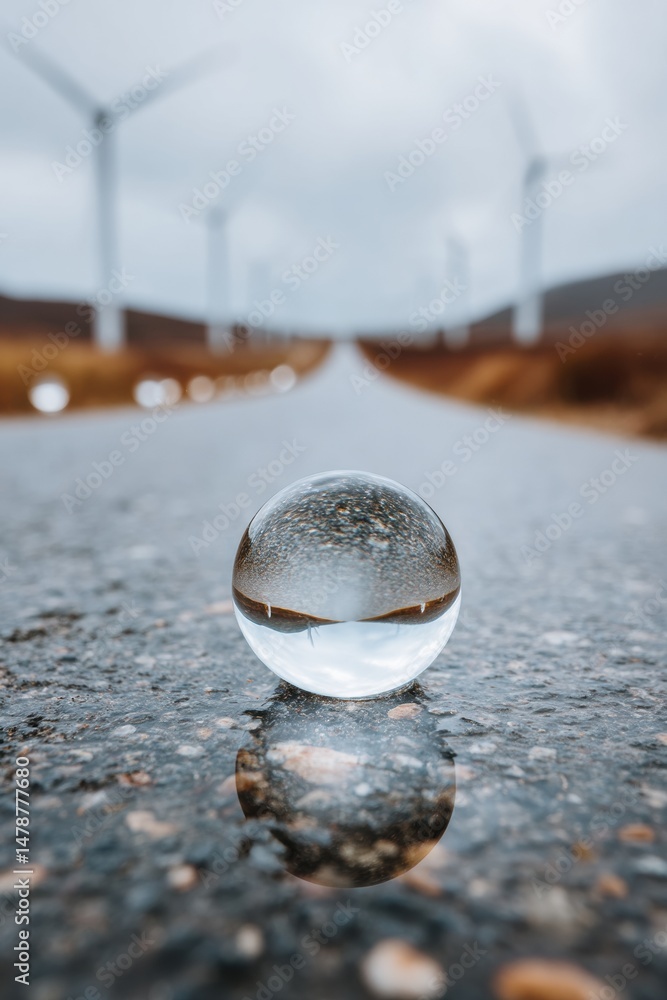Poster quantum visual metaphor crystal sphere refracting green energy landscape with wind turbines - innova