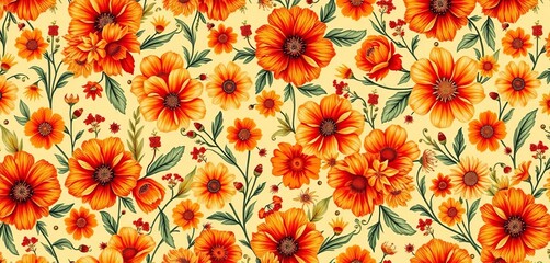 Warm orange chintz floral pattern, autumn wildflowers, seamless repeat, seamless pattern, design