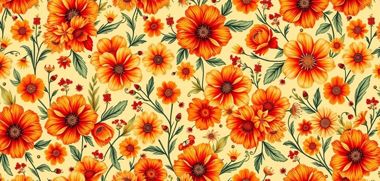 Warm orange chintz floral pattern, autumn wildflowers, seamless repeat, seamless pattern, design