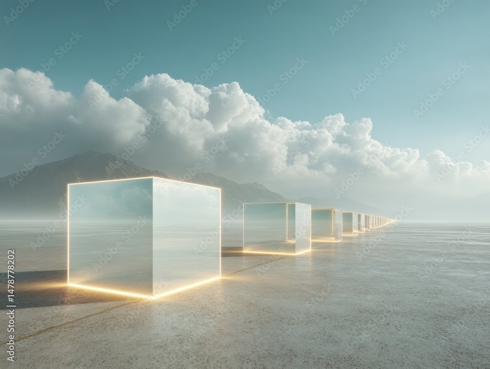 Aufkleber Ethereal Blockchain Visualization Minimalist Digital Cubes Illuminating Quantum Computing Landscape with Infinite Technological Potential and Serene Computational Horizon