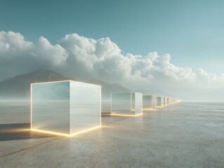 Ethereal Blockchain Visualization Minimalist Digital Cubes Illuminating Quantum Computing Landscape with Infinite Technological Potential and Serene Computational Horizon