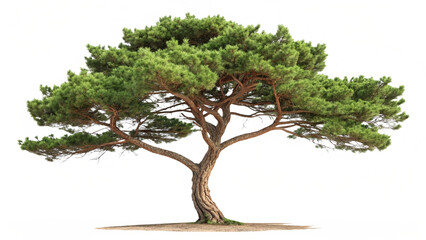 Curved Trunk Pine Tree with Green Foliage on White Background Ideal for Zen Garden Nature and Decor Themes