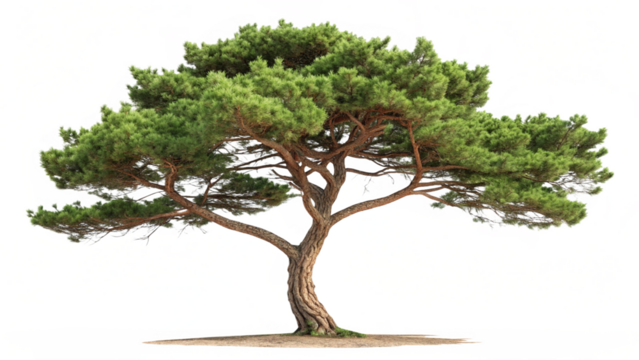 Curved Trunk Pine Tree with Green Foliage on White Background Ideal for Zen Garden Nature and Decor Themes