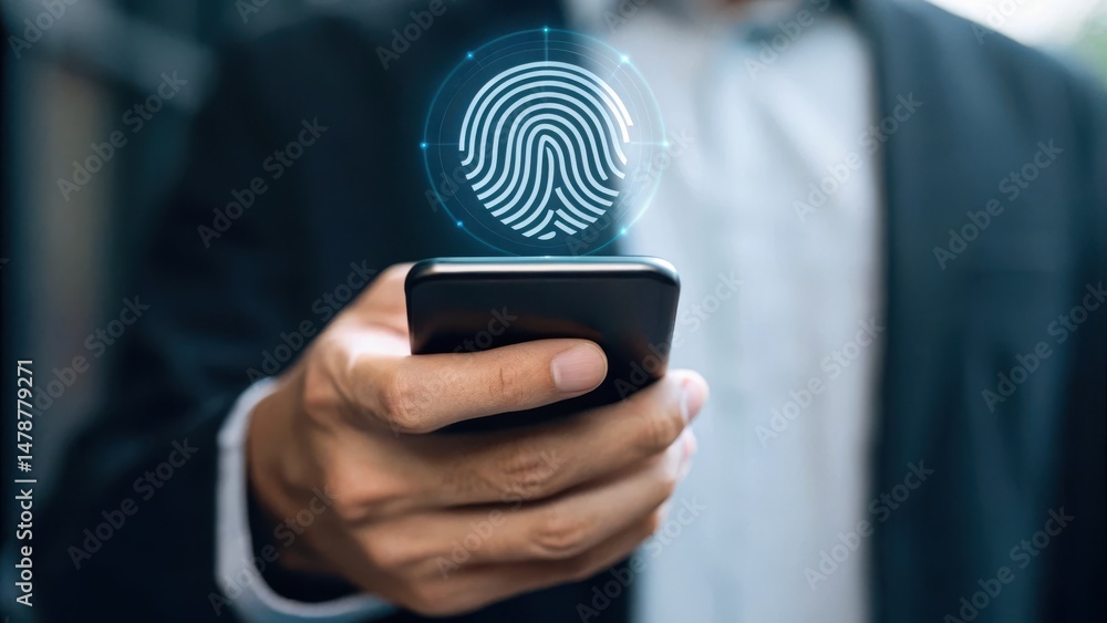 Poster a person holding a smartphone with a fingerprint icon, symbolizing biometric authentication and secu