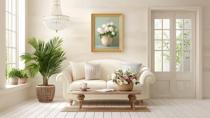 Stylish vintage living room with a crystal chandelier, antique coffee table, and classical decor elements, full depth, white background.