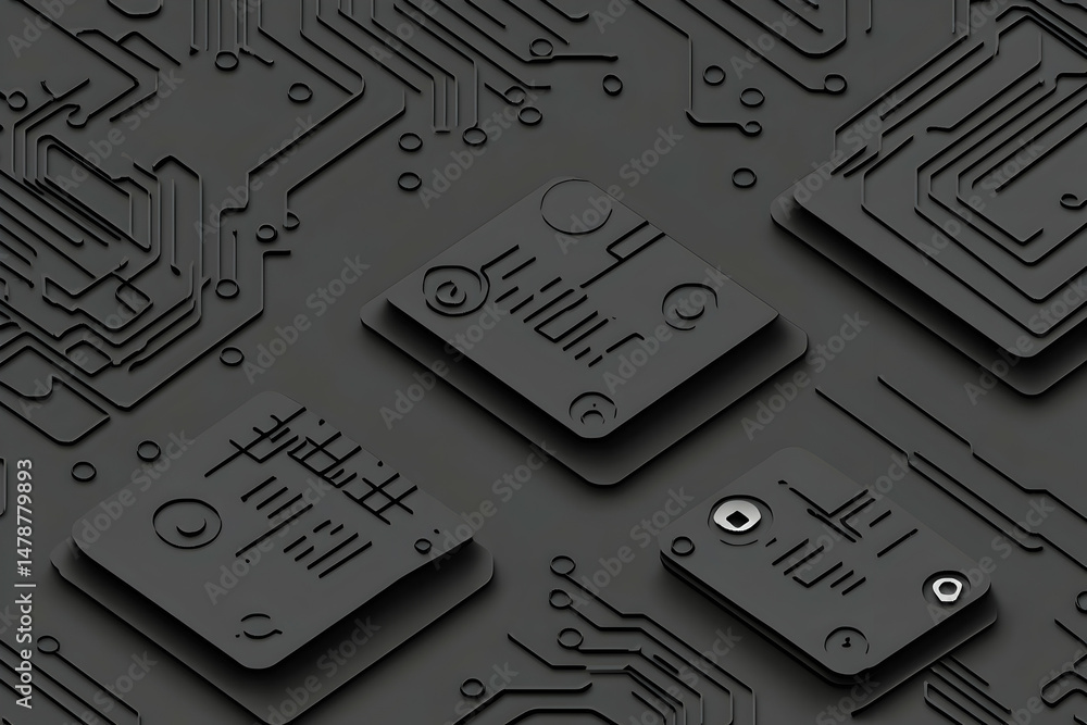 Poster abstract dark grey circuit board texture with embossed microchips. ideal for tech, electronics, and 