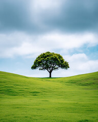 Fototapeta premium Single majestic tree stands alone on lush green hill under cloudy sky, creating peaceful and serene natural landscape
