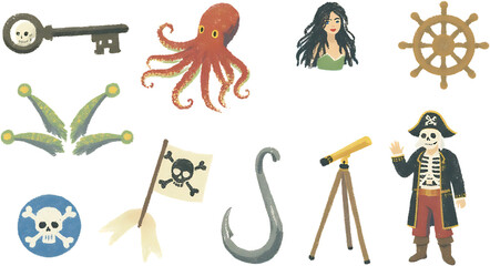 vector illustration of a set, Pirate-Themed Illustrations Including Skeleton, Octopus, and Ship’s Wheel