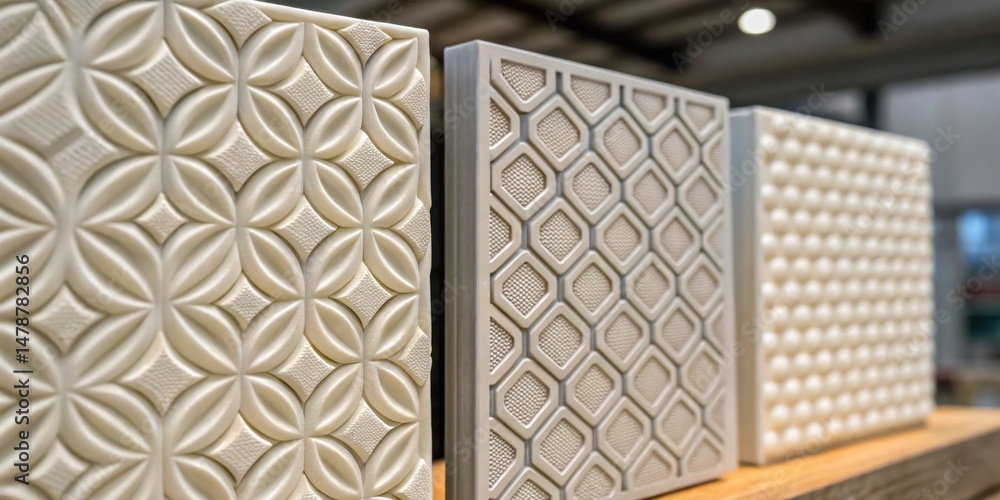 Poster textured panels with intricate designs displayed on a wooden surface, showcasing various patterns an