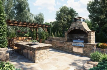 Outdoor kitchen design with pizza oven, grill station, and dining area