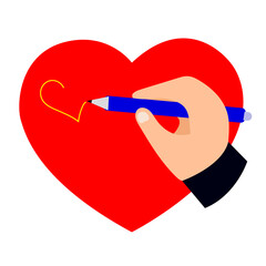 Hand draws a heart on a red heart. Valentine's Day card invitation. Vector illustration